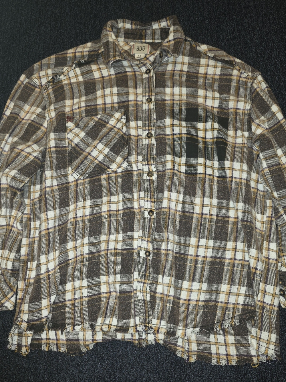 BDG Mens Small Brown Yellow Tan Plaid Button-Up Shirt Frayed
